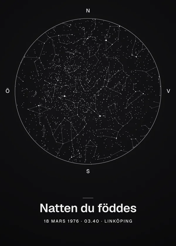 Svart stjärnkarta med rubriken Natten du föddes, Linköping 18 mars 1976 klockan 03.40
